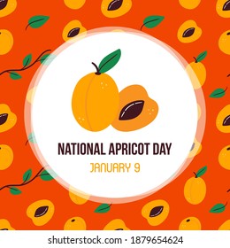 National Apricots Day vector card, illustration with cute cartoon apricots and leaves pattern background.