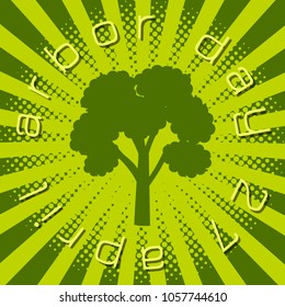 National Arbor Day. Silhouette of a tree. Circular inscription - name and date of event. On a green background. Pop art style. For banners, invitations, blogs