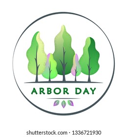 National Arbor Day text - creative concept with forest in circle. Suitable for greeting card, poster and celebration banner, icon, logo, greetings, print, cards, and labels.  Vector illustration