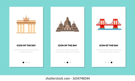 National architecture flat icon set. Bridge, ancient, religious isolated vector sign pack. Sightseeing and tourism concept. Vector illustration symbol elements for web design and apps