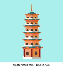National architecture in Taiwan hand drawn icon on blue background. High building or pagoda, windows and roof on each floor and sharp on top. Vector illustration in cartoon style graphic design.
