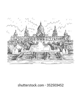 National Art Museum of Catalonia with Magic Fountain in Barcelona, Spain. Vector freehand pencil sketch.