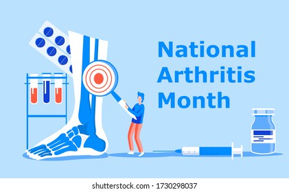 National arthritis month is celebrated in May in USA. Blue ribbon sign. Tiny doctors treat rheumatism, osteoarthritis. Healthcare flat concept vector on the blue background for landing page, banner.