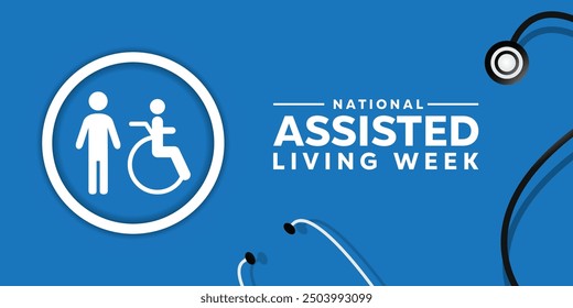 National Assisted Living Week. People icon and stethoscope. Great for cards, banners, posters, social media and more. Blue background.