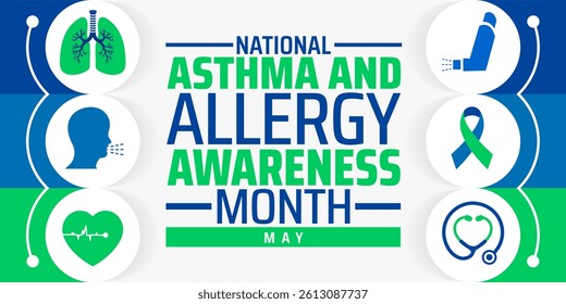 National Asthma and Allergy Awareness Month background banner or poster design template. observed every year in May. Holiday concept. Use to any Template, card, poster, placard, template.