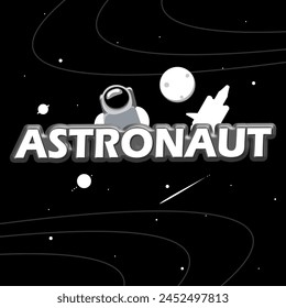 National Astronaut Day event banner. Bold text with an astronaut,planets, spaceship and stars on black background to celebrate on May 5th