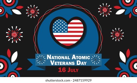 National Atomic Veterans Day Vektorgrafik Banner Design mit geometrischen Formen und lebendigen Farben auf einem Horizontalen Hintergrund. Happy National Atomic Veterans Day modernes Minimalplakat.