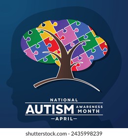 National Autism Awareness Month. Child,Tree and puzzle. Great for cards, banners, posters, social media and more. Dark Blue Background.