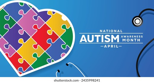 In: National Autism Awareness Month. Herz, Stestoskop und Puzzle. Ideal für Karten, Banner, Poster, Social Media und mehr. Blauer Hintergrund.