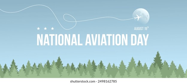 National aviation day banner. Light blue background with forest and moon.