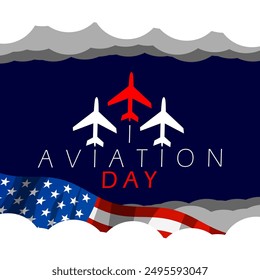 Anuncio de eventos del Día Nacional de la Aviación. Tres iconos de aviones con texto en negrita y una bandera estadounidense sobre las nubes sobre un fondo azul oscuro para celebrar el 19 de agosto