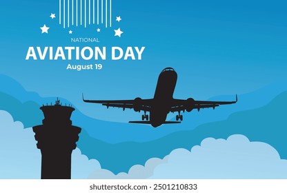 Poster zum Tag der nationalen Luftfahrt, mit Silhouettenflugzeug und Luftkontrollturm auf blauem Himmelhintergrund