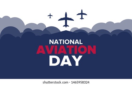 National Aviation Day in United States. Holiday, celebrated annual in August 19. Design with airplane and american flag. Patriotic element. Poster, greeting card, banner and background. Vector