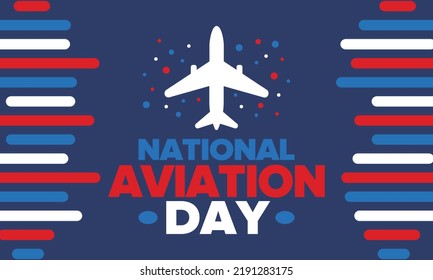 National Aviation Day in United States. Holiday, celebrated annual in August 19. Design with airplane and american flag. Patriotic element. Poster, greeting card, banner and background. Vector