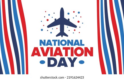 National Aviation Day in United States. Holiday, celebrated annual in August 19. Design with airplane and american flag. Patriotic element. Poster, greeting card, banner and background. Vector