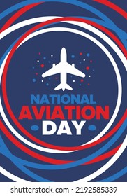 National Aviation Day in United States. Holiday, celebrated annual in August 19. Design with airplane and american flag. Patriotic element. Poster, greeting card, banner and background. Vector