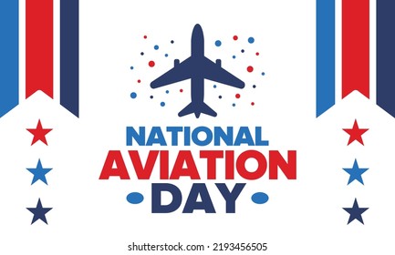 National Aviation Day in United States. Holiday, celebrated annual in August 19. Design with airplane and american flag. Patriotic element. Poster, greeting card, banner and background. Vector