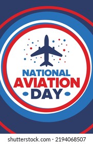 National Aviation Day in United States. Holiday, celebrated annual in August 19. Design with airplane and american flag. Patriotic element. Poster, greeting card, banner and background. Vector