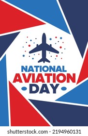 National Aviation Day in United States. Holiday, celebrated annual in August 19. Design with airplane and american flag. Patriotic element. Poster, greeting card, banner and background. Vector