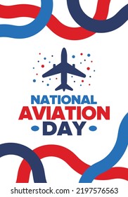 National Aviation Day in United States. Holiday, celebrated annual in August 19. Design with airplane and american flag. Patriotic element. Poster, greeting card, banner and background. Vector
