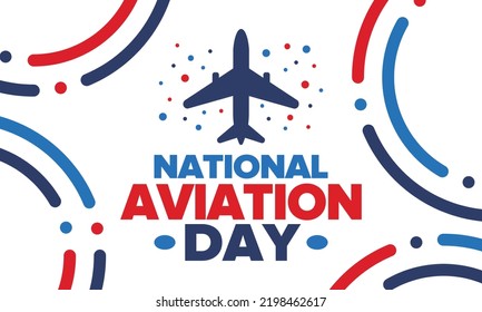 National Aviation Day in United States. Holiday, celebrated annual in August 19. Design with airplane and american flag. Patriotic element. Poster, greeting card, banner and background. Vector