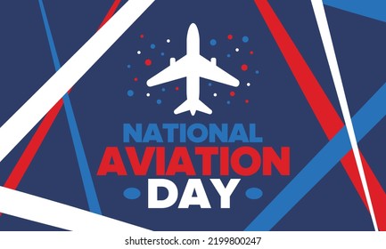 National Aviation Day in United States. Holiday, celebrated annual in August 19. Design with airplane and american flag. Patriotic element. Poster, greeting card, banner and background. Vector