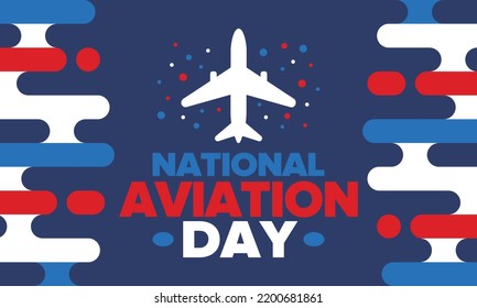 National Aviation Day in United States. Holiday, celebrated annual in August 19. Design with airplane and american flag. Patriotic element. Poster, greeting card, banner and background. Vector