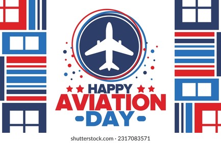 National Aviation Day in United States. Holiday, celebrated annual in August 19. Design with airplane and american flag. Patriotic element. Poster, greeting card, banner and background. Vector