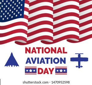 National Aviation Day in USA, celebrated in August. Silhouettes of passenger and military aircraft of the United States and flag of the United States. U.S. air force birthday concept for web, banner.