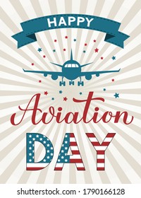 National Aviation Day USA retro patriotic striped background. American holiday celebrated on August 19. Vector template for banner, typography poster, greeting card, flyer, etc.