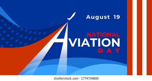 NATIONALER LUFTVERKEHRSTAG. Vektor Web-Banner, Poster, Karte für soziale Netzwerke und Medien. Logo mit Flugzeug, Kontrastmittel und Buchstaben A. Flugzeug auf dem Hintergrund der amerikanischen Flagge, des Sterns, der Streifen und des Texts