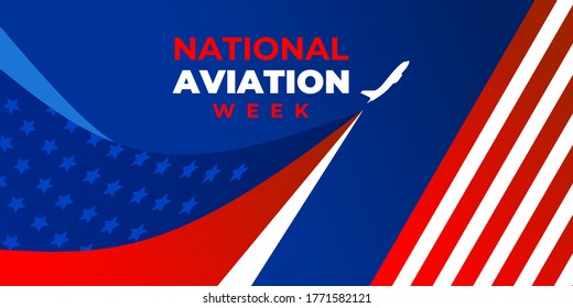 Semana de AVIACIÓN NACIONAL. Banner web vector, afiche, tarjeta para redes sociales y medios. Avión sobre el fondo de la bandera, estrella, franjas y texto norteamericanos