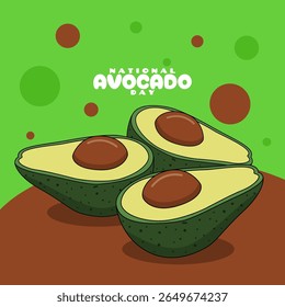 Dia Nacional do Abacate para celebrar em 31 de julho. Abacates frescos cortados ao meio com as sementes deixadas no interior. Banner do evento Fruit.