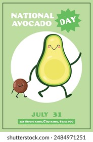 Día Nacional del Aguacate. 31 de julio. Tarjeta de felicitación anual de vacaciones de aguacate. Carácter de aguacate con semilla de bebé. Ilustración vectorial