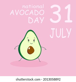 National avocado day. Сute avocado on a pink background, as a banner or poster. Vector illustration.