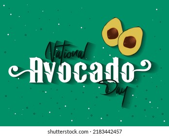 National Avocado Day stock images. Whole and half avocado isolated on a green background stock photo. Avocado Day Poster, July 31. Important day