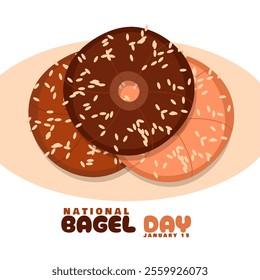 National Bagel Day to celebrate on January 15th. Three bagels topped with sesame seeds on white background. Food event banner.