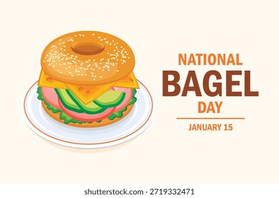 Ilustração vetorial do cartaz do Dia Nacional do Bagel. Bagel de gergelim com presunto, queijo e vetor de abacate. Sanduíche de bagel em um ícone de placa. Modelo para plano de fundo, banner, cartão. 15 de janeiro de cada ano