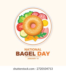 Ilustración vectorial de afiches del Día Nacional del Bagel. Bagel de sésamo con Vector de vista superior de guarnición. Sándwich de bagel en un plato vista desde el icono de arriba. Plantilla para el fondo, Anuncio, tarjeta. 15 de enero de cada año