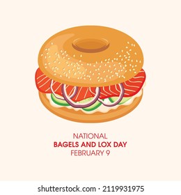 National Bagel and Lox Day vector. Sesame bagel with salmon, cucumber and onion icon vector. Bagel and Lox Day Poster, February 9. Important day