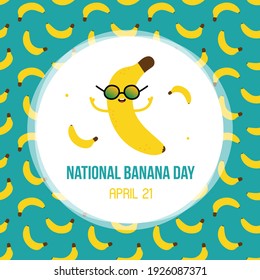 National Banana Day vector card, illustration with cute cartoon banana character in sunglasses.