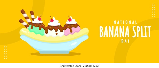 National Banana Split Day on 25 August Banner Background. Banana With Ice Cream, Chocolate, Whipped Cream, Cherries, and Wafer stick in a Bowl. Horizontal Banner Template Design. Vector Illustration