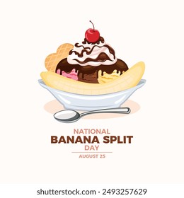 Ilustración vectorial de afiches del Día Nacional de Banana Split. Icono de helado de banana split. Helado sundae con plátano, nata batida, oblea y cereza en el dibujo superior. 25 de agosto cada año