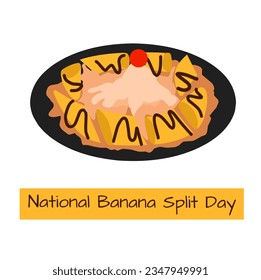 Vector del Día Nacional de la Banana Dividida. Sundae de helado con banana, chocolate y cerezo sobre el vector superior. Afiche del Día de Banana Split, 25 de agosto. Día importante