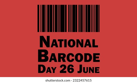 Diseño de banner vectorial del Día Nacional del Código de Barras con una ilustración de código de barras en un fondo horizontal rojo con tipografía. Feliz Día del Código de Barcodigo moderno minimo simple afiche limpio para medios sociales.