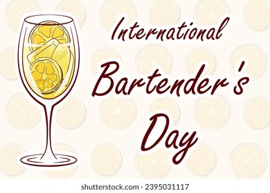 National bartender day banner. 6 February. Template for background, card, poster. Vector illustration. Spritz cocktail with lime slice and ice cubes.