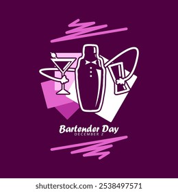 National Bartender Day to celebrate on December 2nd. A cocktail shaker with a tie is holding a jigger and a cocktail drink on dark purple background.