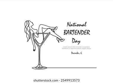 Nationaler Barkeeper-Tag. Kontinuierliche einzeilige Zeichnung der schönen Frau in einem Martini-Glas	