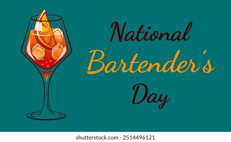 National Bartenders Day banner with cocktail Aperol Spritz, orange slice and ice cubes. December 2 Holiday. Template for background, card, poster.