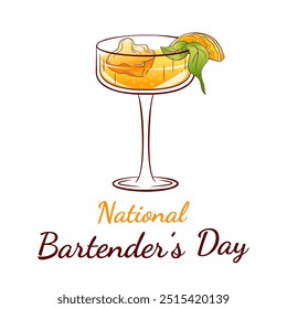 National Bartenders Day banner in line art style. Limoncello spritz cocktail with lemon slice, basil leaves and ice cubes in elegant glass. Design for event promotions, bar menu.